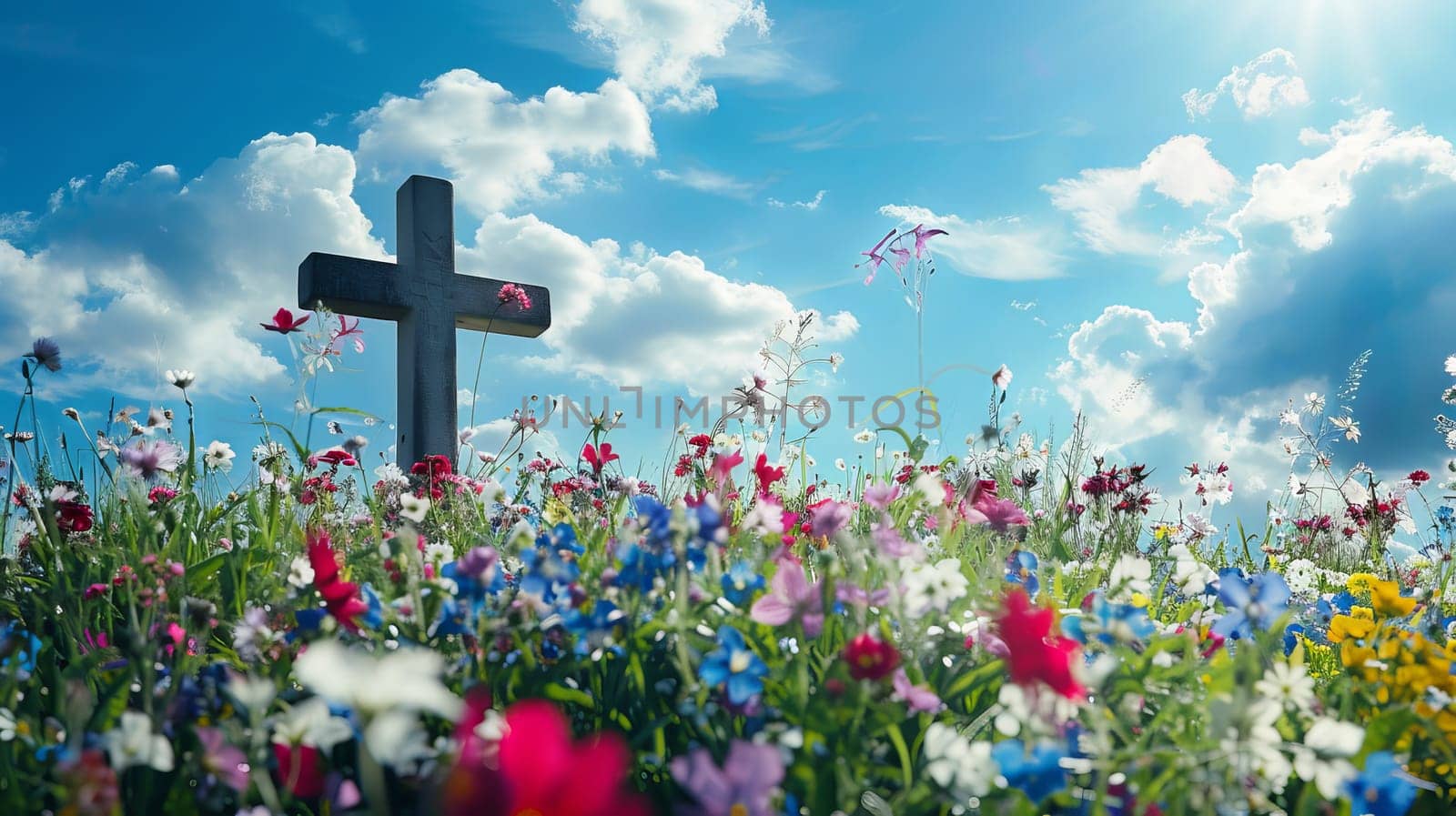 Clear space for message next to an image of a Christian cross in a field of flowers