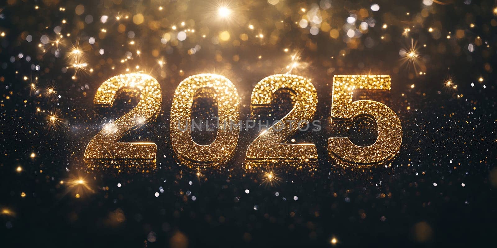 The glamorous digits of 2025 glimmer with golden sparkles, marking a festive celebration for the New Year.