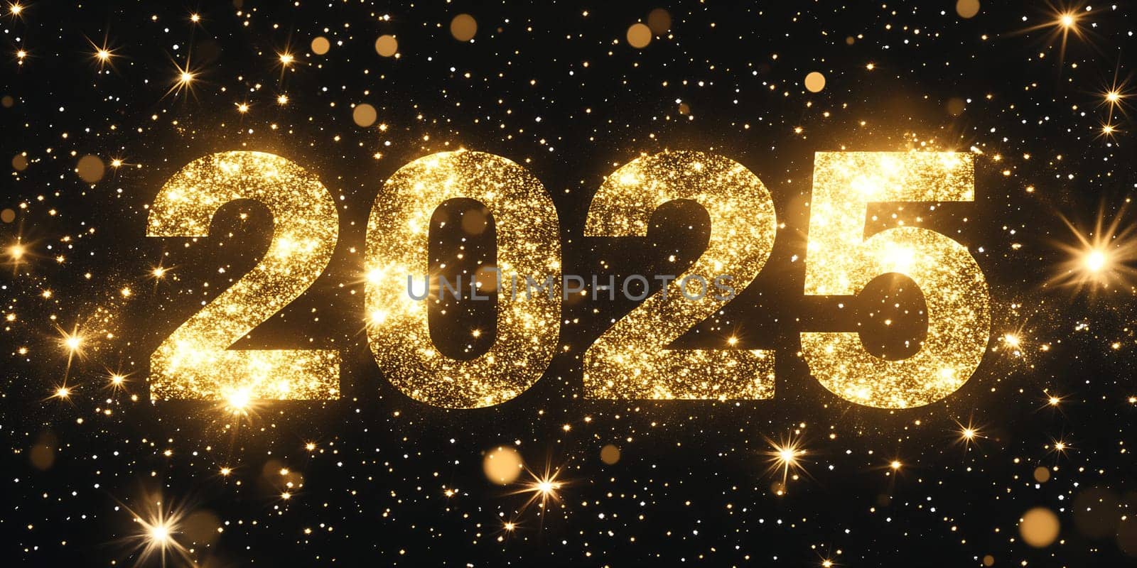 The bright numbers 2025 shine against a dark background, surrounded by twinkling golden lights, creating a celebratory atmosphere for the new year.