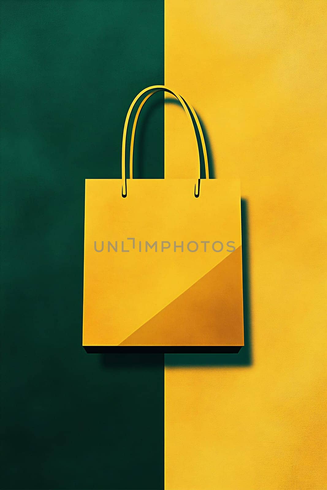 A yellow shopping bag stands upright on a half green, half yellow background, showcasing its simple yet striking design.