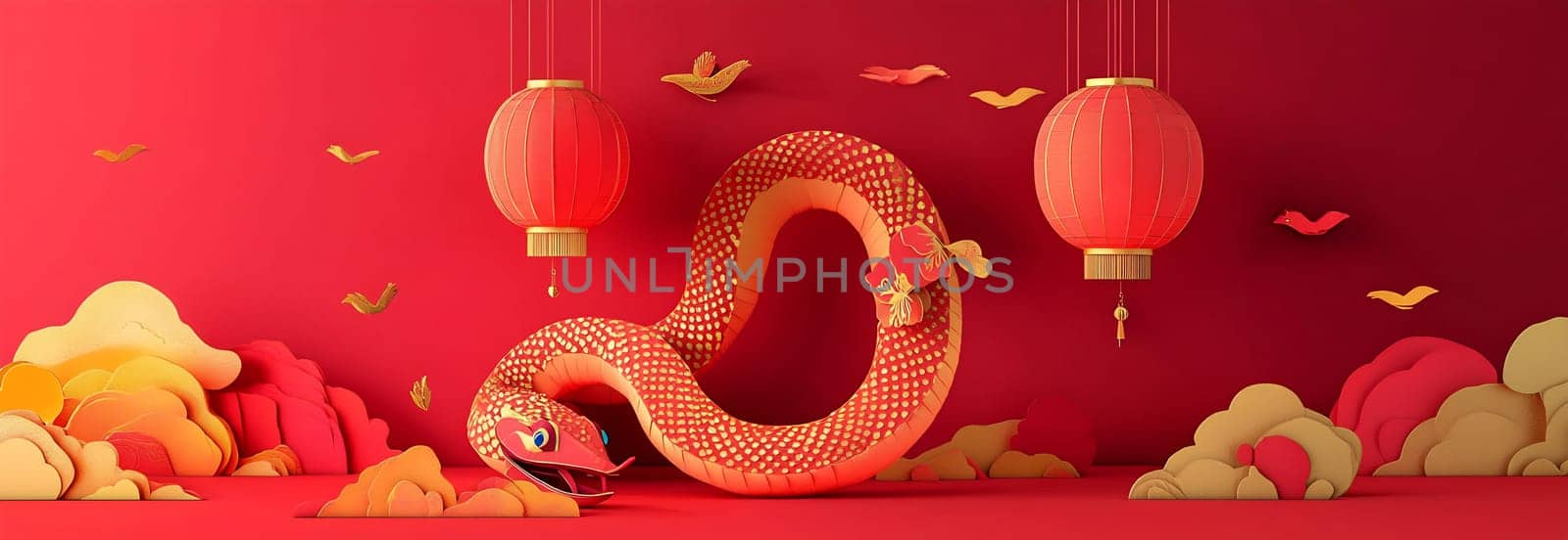 A vibrant dragon weaves through hanging lanterns, creating a joyous atmosphere during a festive celebration filled with colorful decorations.
