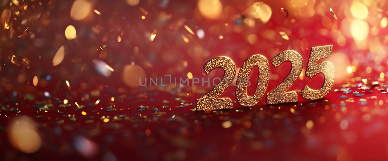Golden glitter numbers represent the year 2025 surrounded by colorful confetti on a festive background, symbolizing celebration and New Year s joy.