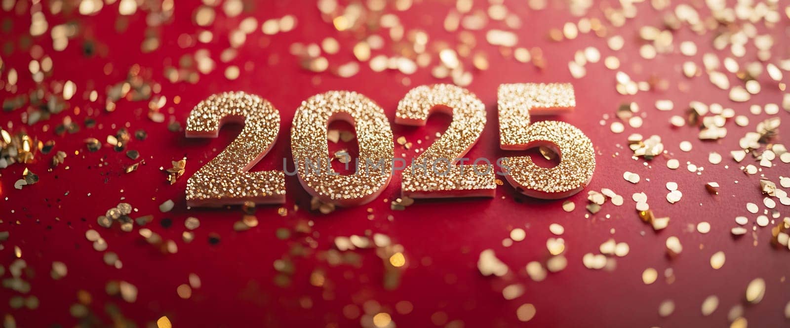 Sparkling golden numbers represent the year 2025 on a vibrant red surface, adorned with celebratory confetti for a festive atmosphere.