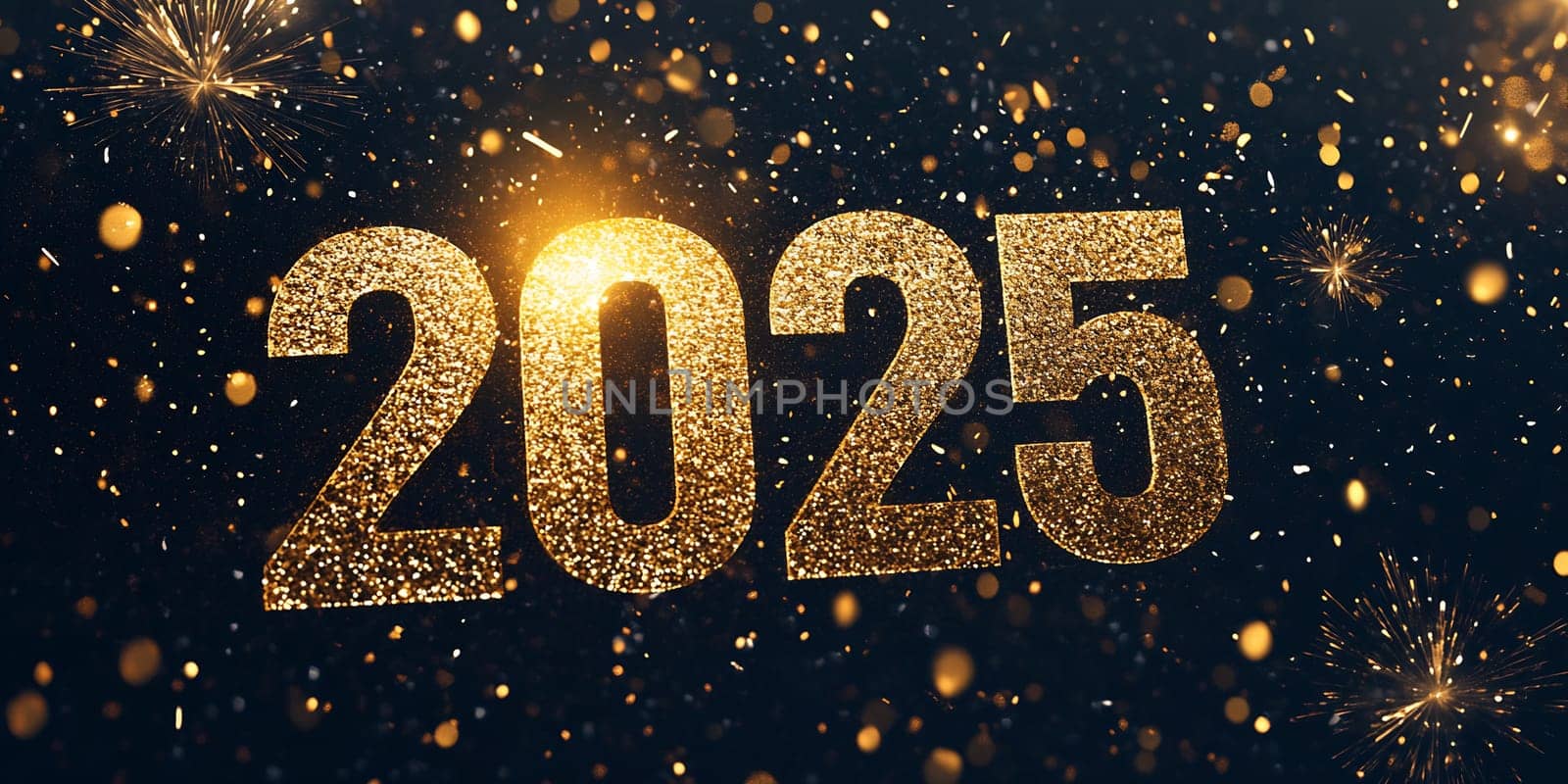 The countdown to New Year 2025 features sparkling golden numbers and bright lights, creating a festive atmosphere of celebration and joy.