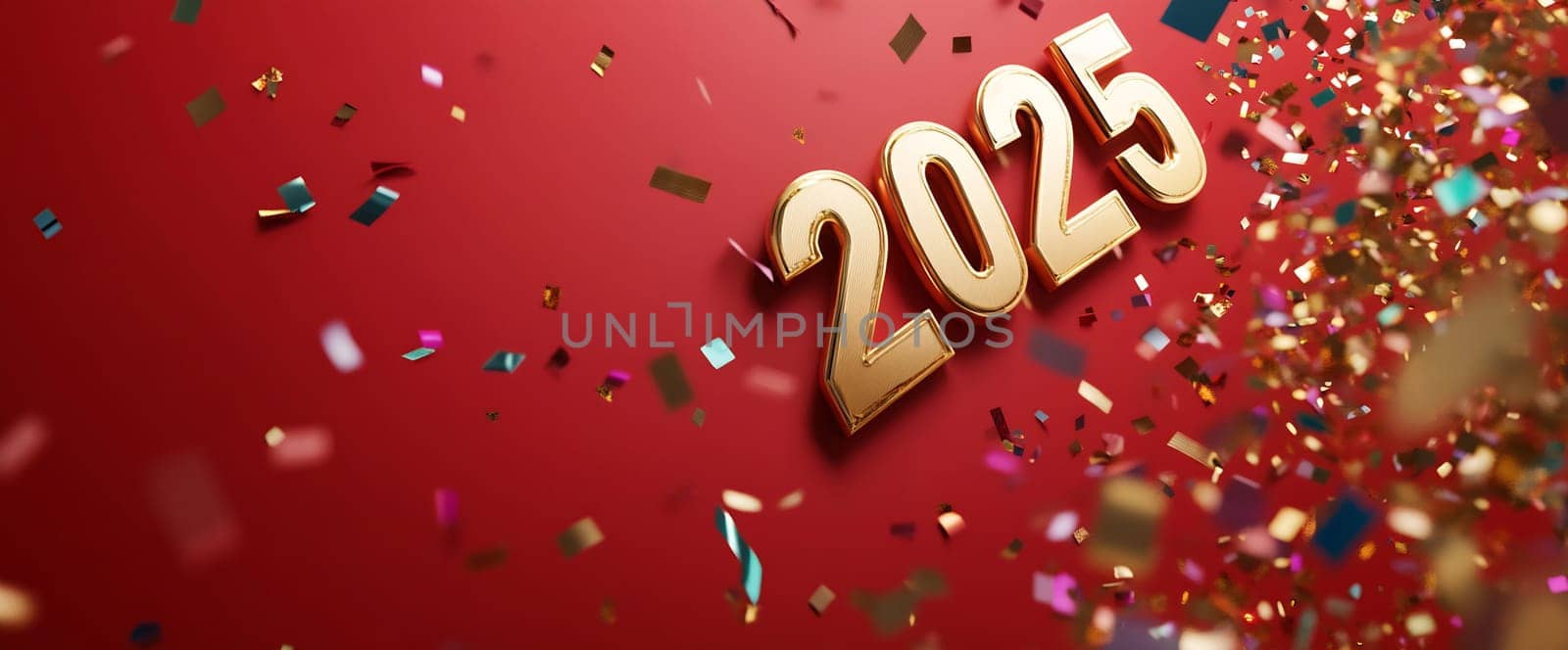 Confetti bursts around bold golden numbers representing the year 2025, set against a vibrant red background, signaling celebration and joy.
