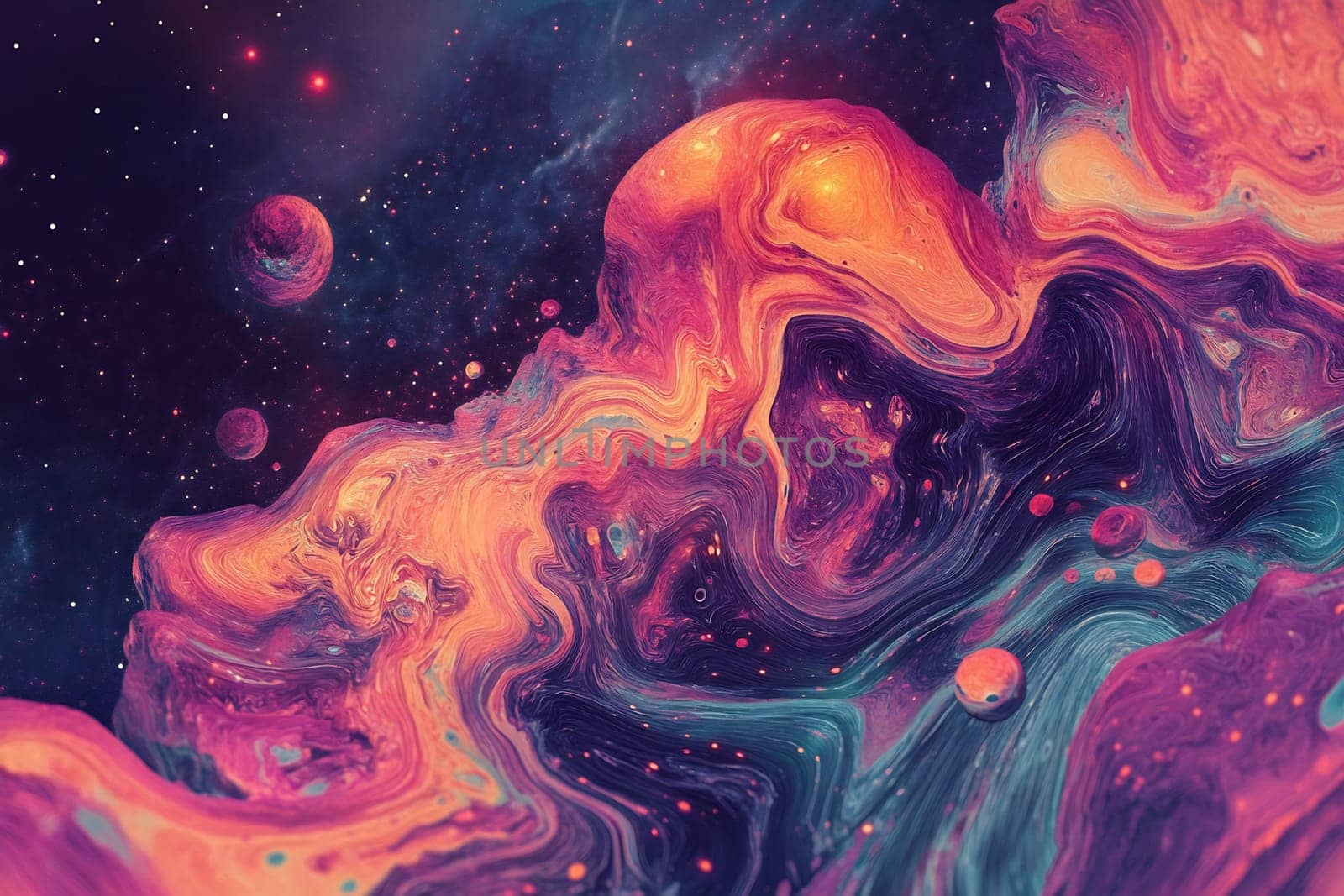 Vibrant and swirling colors depict a cosmic landscape filled with stars and planets against a dark backdrop.