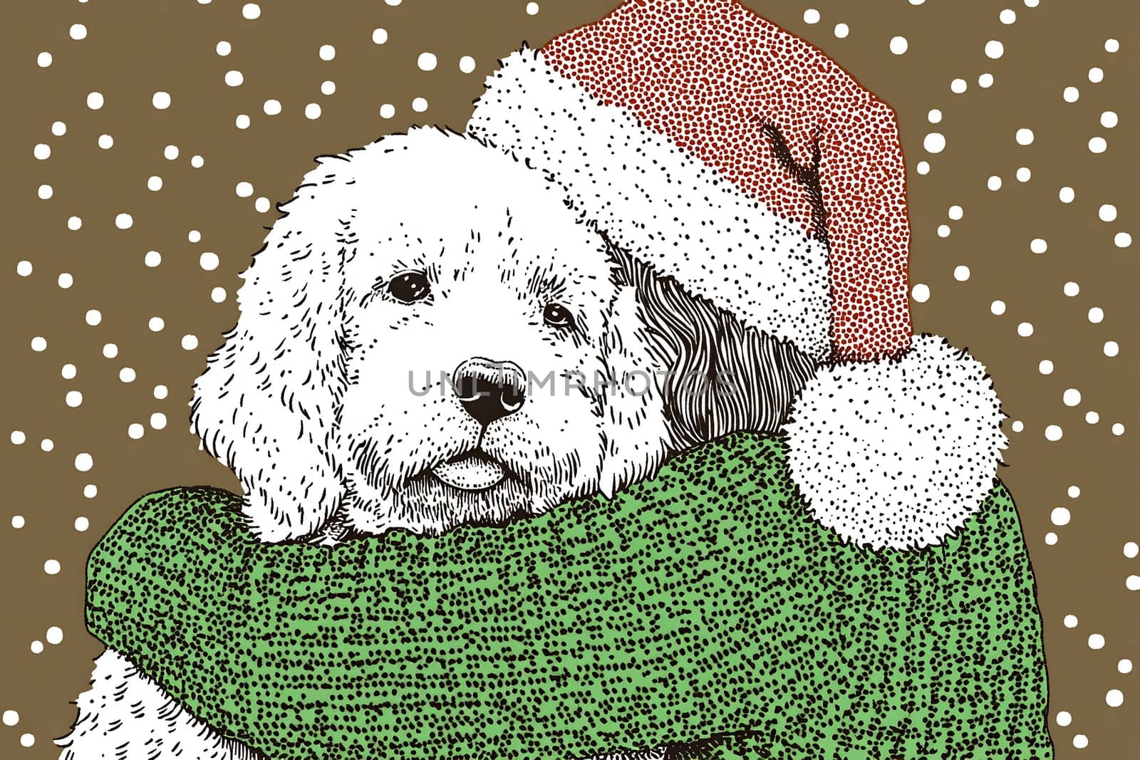 A person wearing a green sweater hugs a fluffy dog adorned with a festive Santa hat during a snowy holiday season.