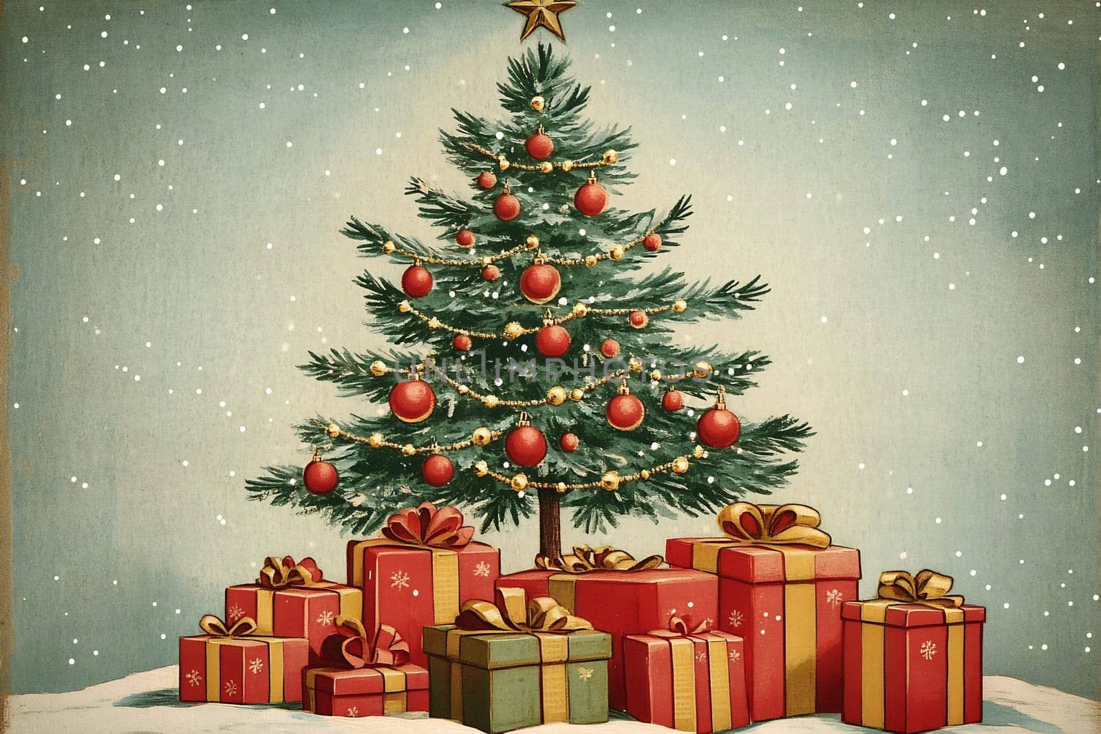 A beautifully decorated Christmas tree stands with gifts wrapped in colorful paper underneath, creating a cozy holiday atmosphere.