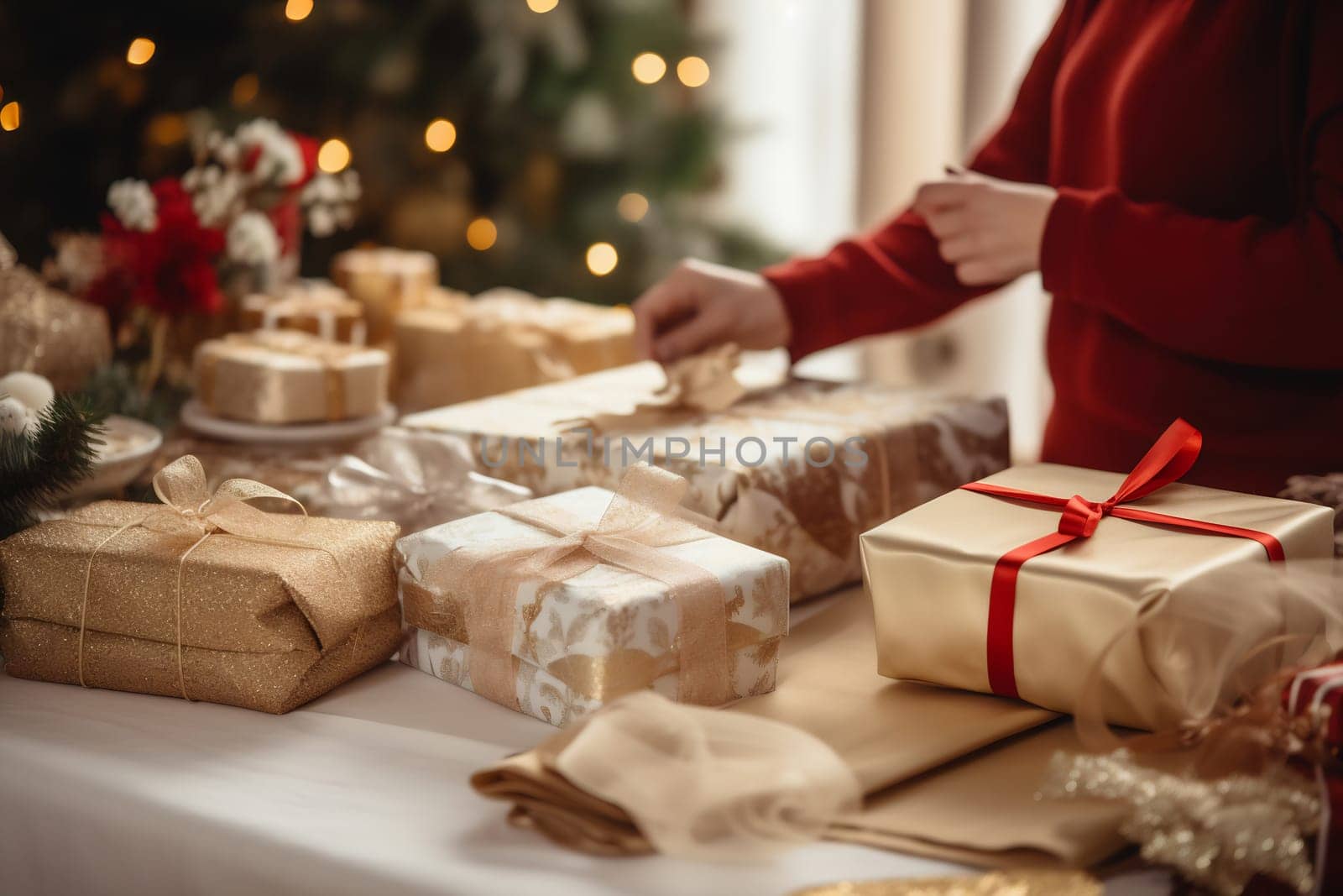 A person carefully wraps beautifully arranged gifts at a holiday-themed table, surrounded by decorations and warm lights.
