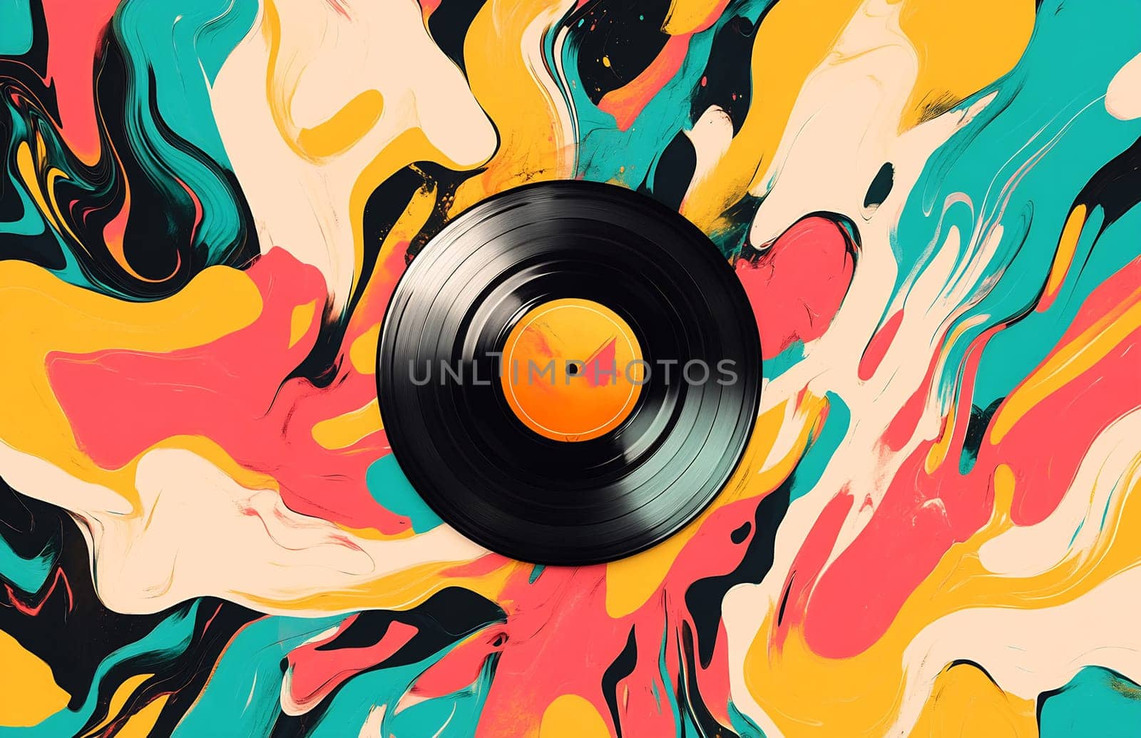 An artistic display features a vinyl record at the center, surrounded by vibrant swirling colors in shades of yellow, red, turquoise, and cream.