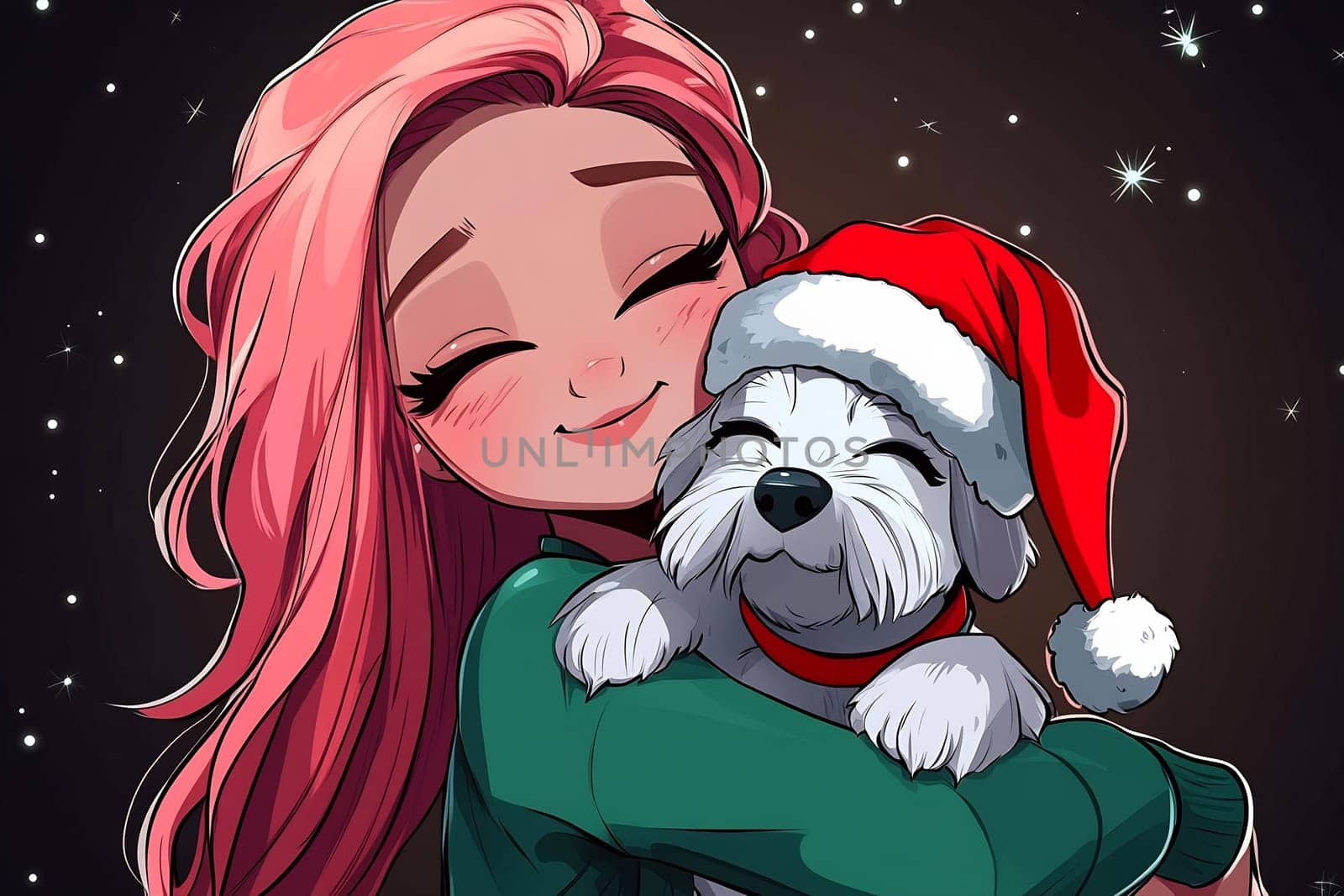 A girl with pink hair happily embraces a small dog wearing a Santa hat, celebrating the festive holiday spirit.