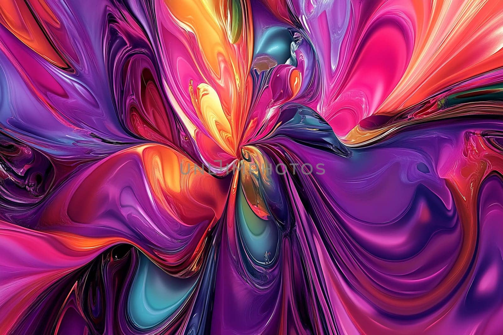 A vibrant swirl of colors including purple, orange, and pink fills the canvas, showcasing a dynamic abstract design created with digital techniques.