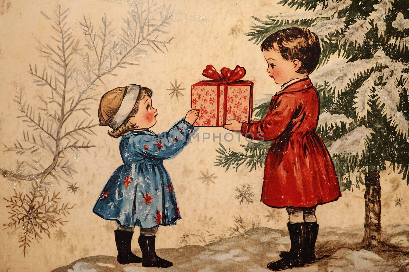 Two children stand near a decorated Christmas tree, exchanging a wrapped present with joy and excitement.