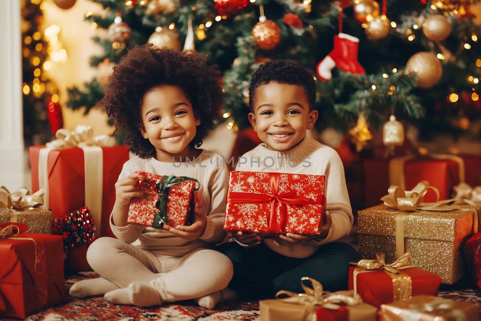 Two cheerful children sit in front of a decorated Christmas tree, holding festive gifts and surrounded by colorful presents.