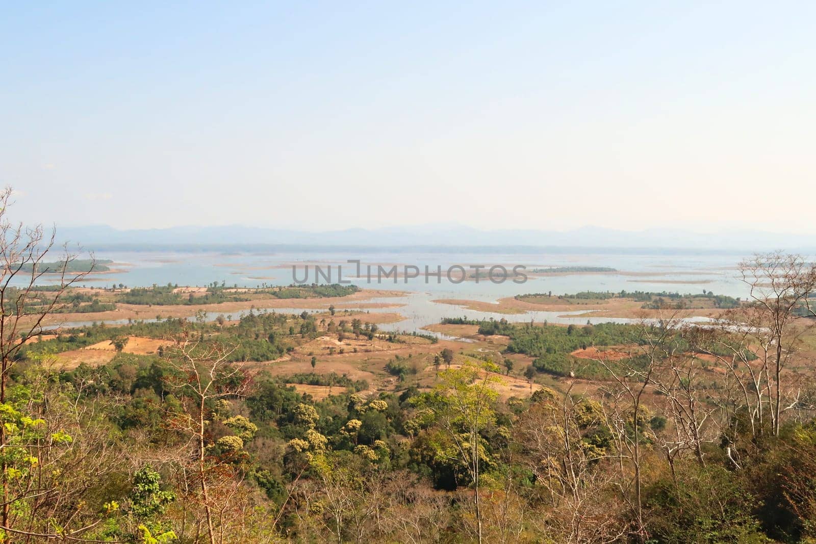Spectacular view over the reservoir lake of Nam Theun from the view point at the end of the Orchid Trail, a tourist attraction on the Thakhek Motorbike Loop, Laos 2023