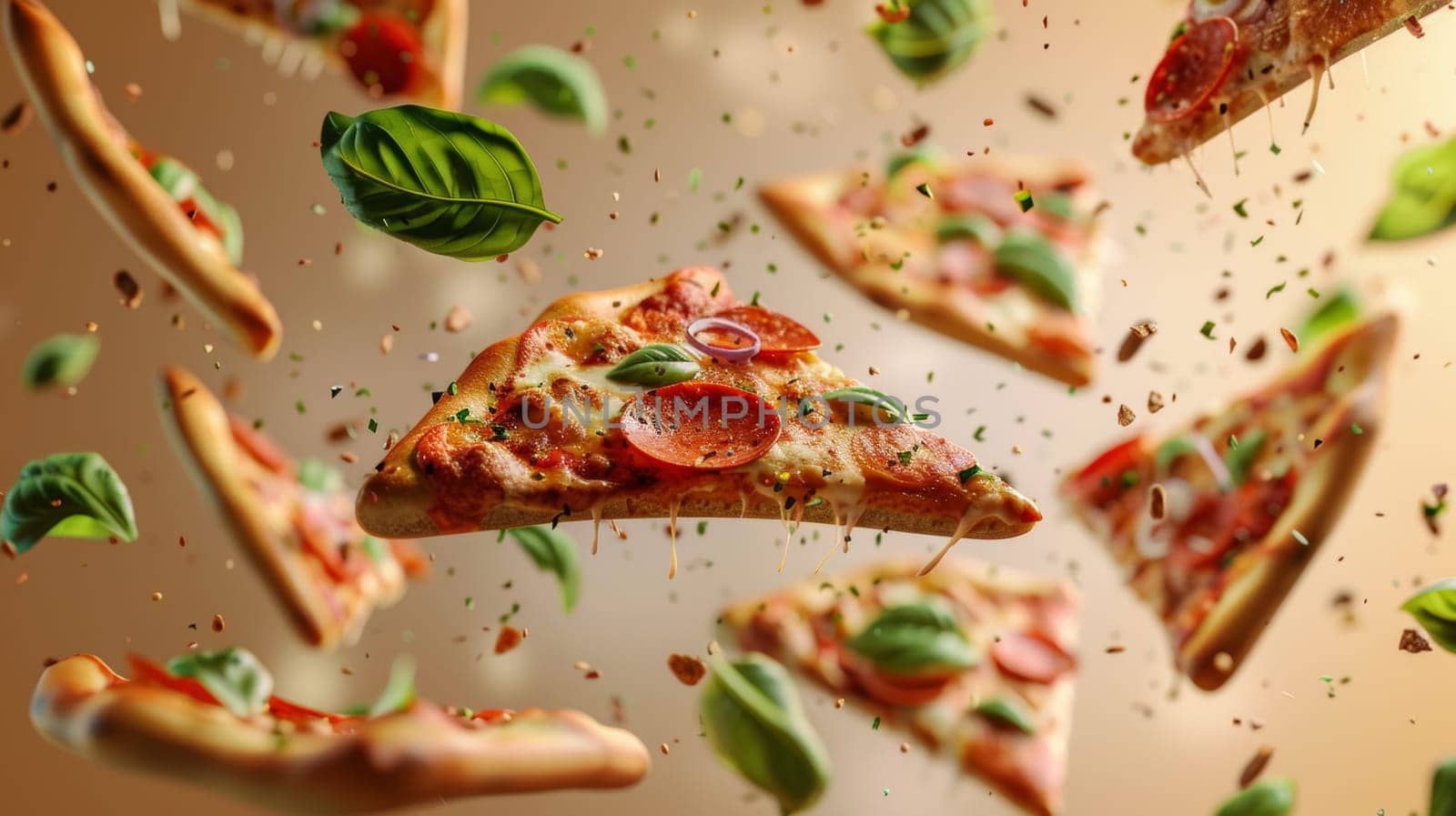 Modern design with floating slices of pizza and space for restaurant logos
