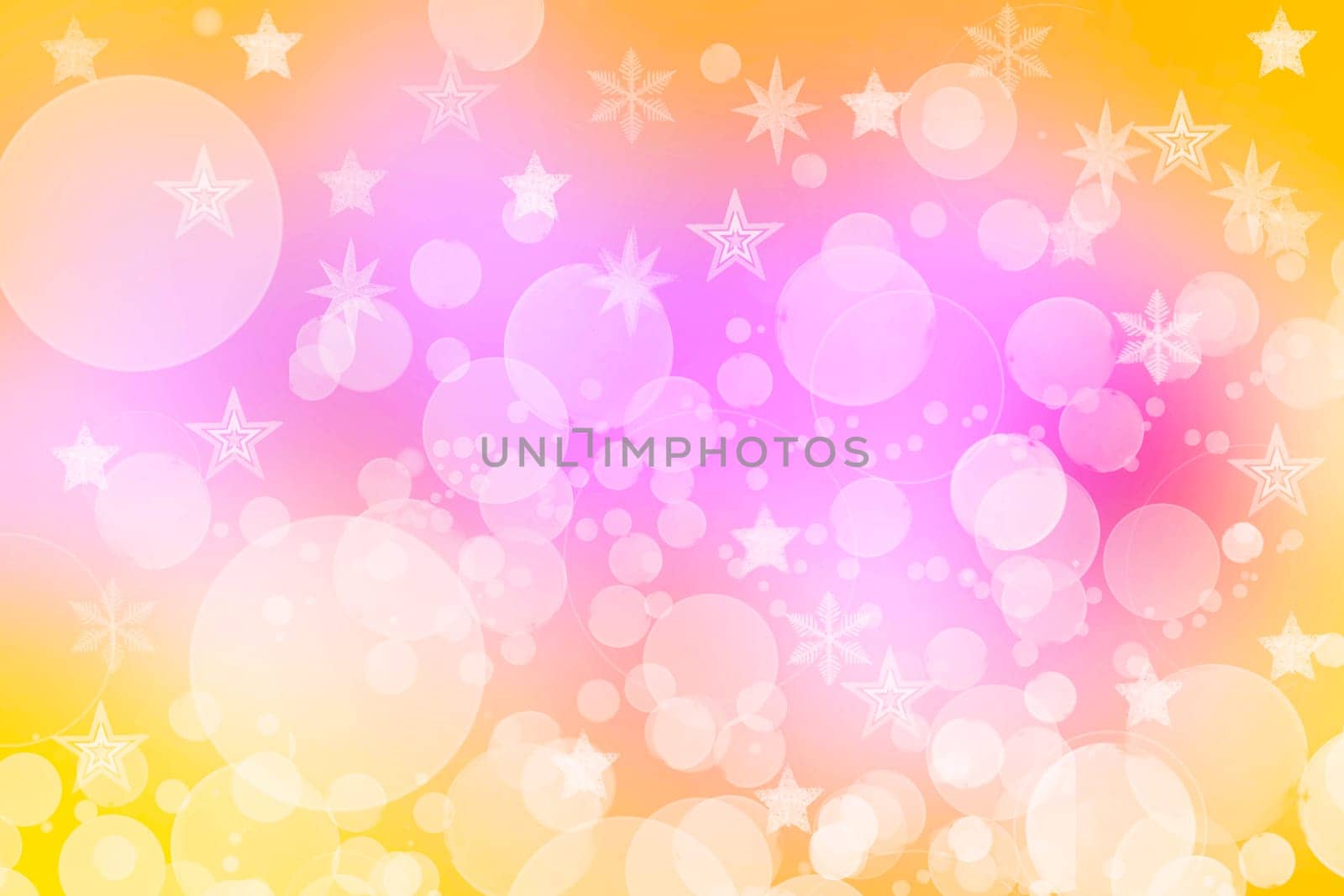 A festive abstract delicate Happy New Year or Christmas background texture with colorful gold yellow pink blurred bokeh lights and stars. Space for design. Card concept or advertising.