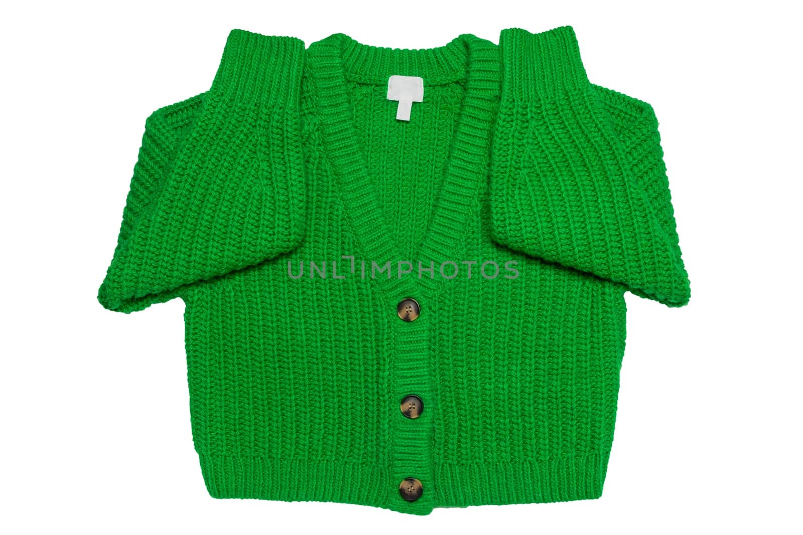 Casual elegant fluffy long-sleeved cardigan with V-neck and button closure isolated on a white background. Womens green sweater or jumper. Autumn and winter fashion.