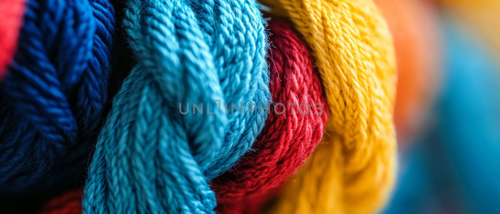 Close up of colorful yarn skeins in bright blue, red, and yellow, showcasing the texture and vibrancy of wool fibers.