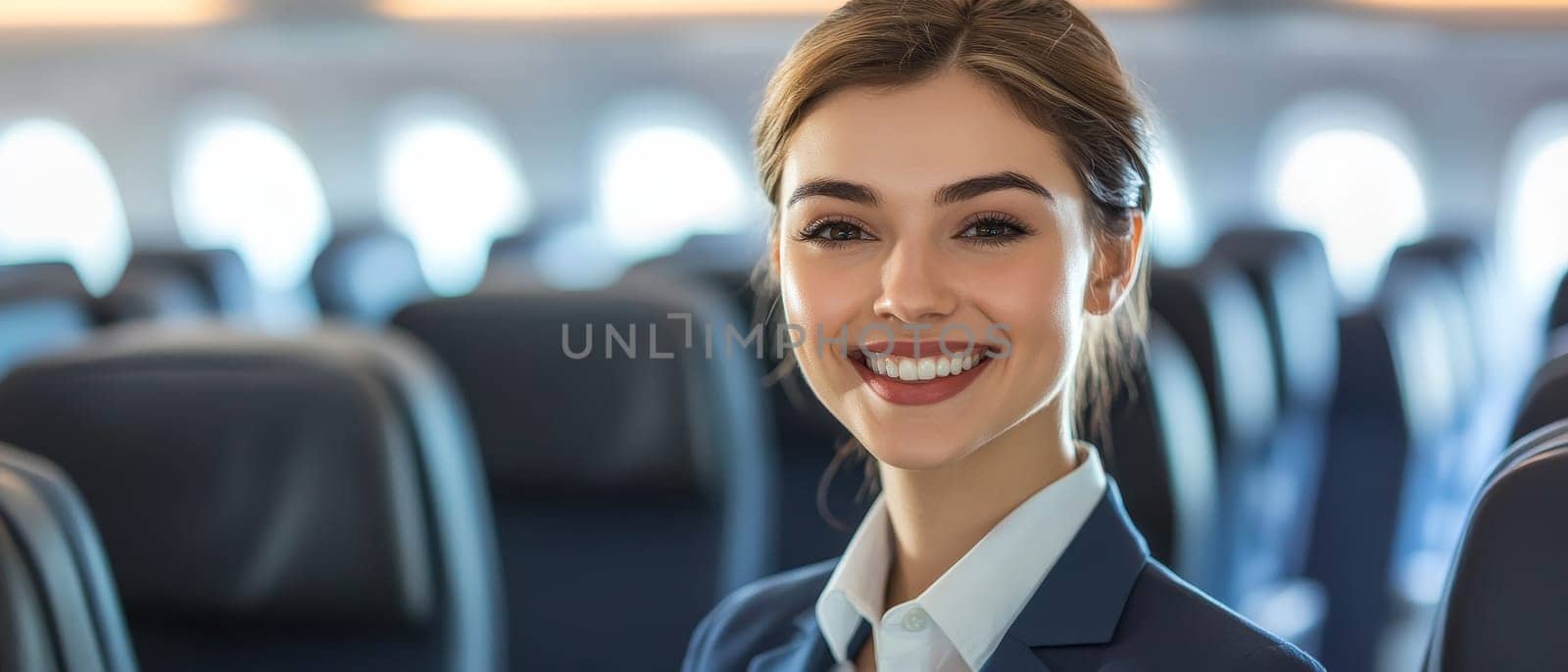 Portrait of a cheerful young flight attendant with perfect makeup and uniform, standing in the aisle of a passenger airplane with seats in background.