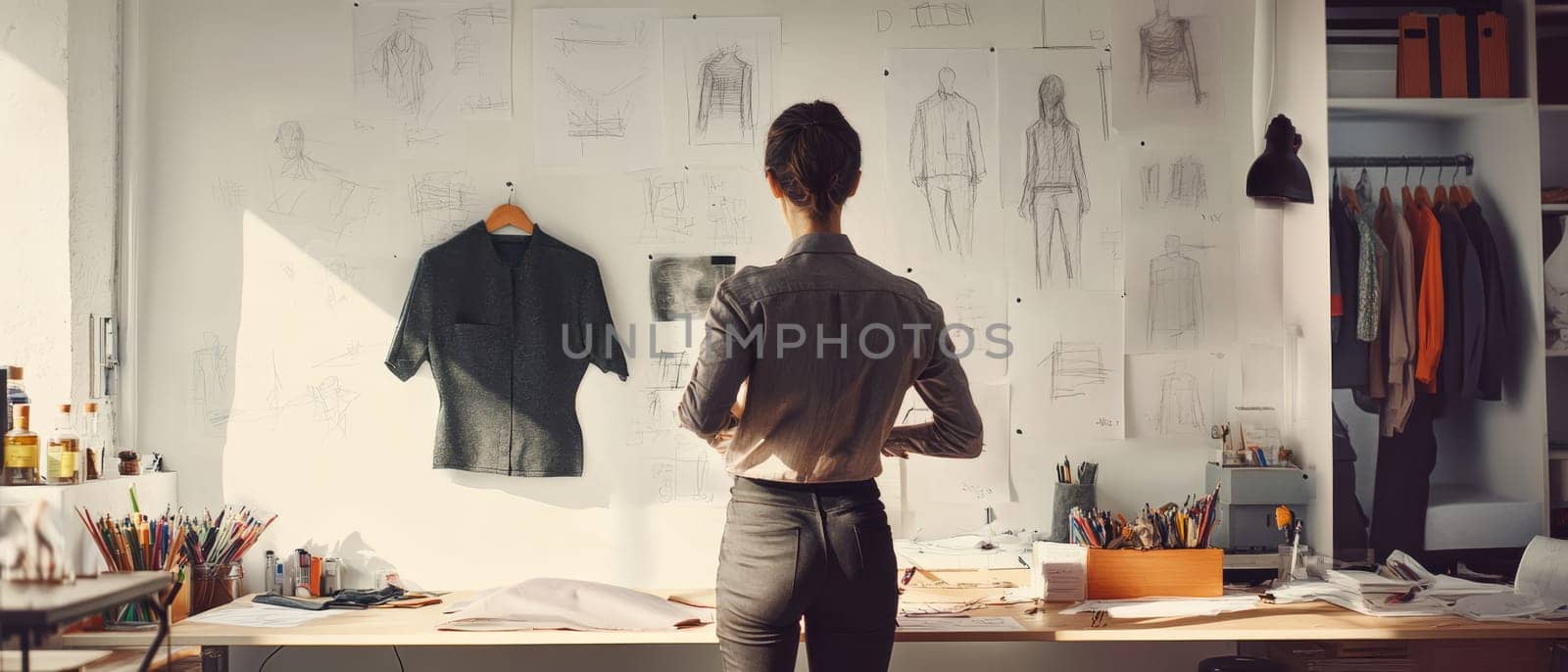 Rear view of a fashion designer examining sketches and garment on wall, with desk full of creative supplies and clothing rack in sunlit studio.