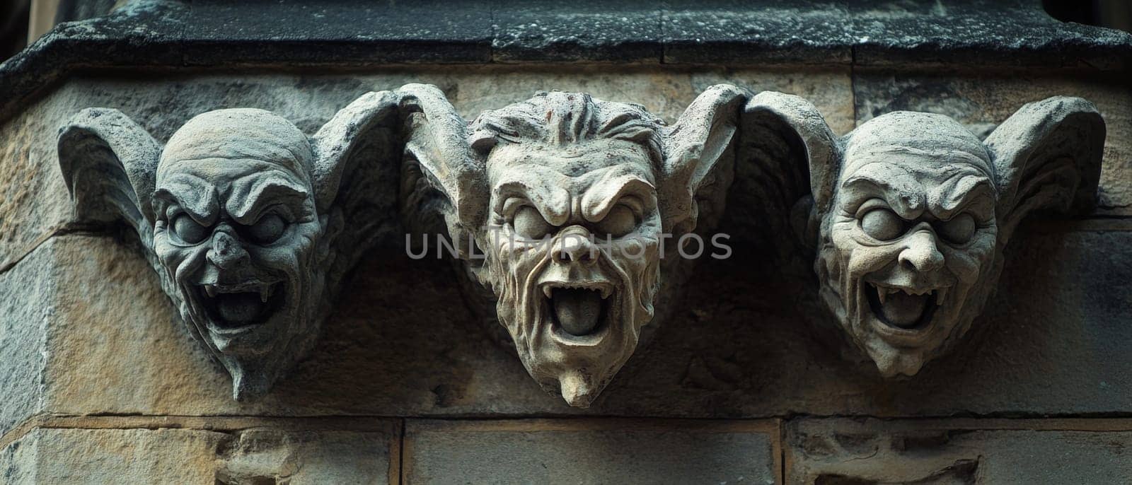 Close up of three grotesque stone gargoyle faces with exaggerated features and open mouths, adorning the exterior of a Gothic style building.