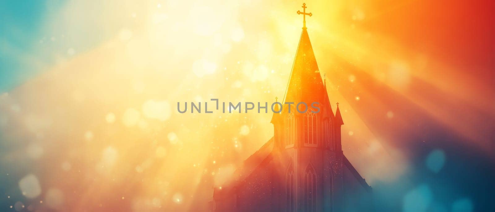 Silhouette of a church steeple against a vibrant sunset sky with golden light and dreamy bokeh effect, symbolizing faith and spirituality.