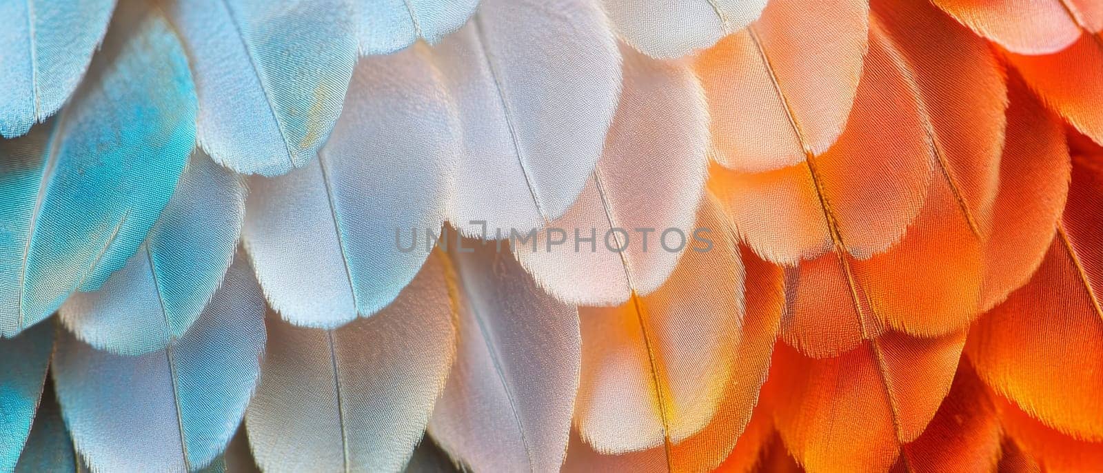Extreme close up of colorful feathers ranging from soft blue to warm orange, showcasing the delicate texture and gradient of hues.