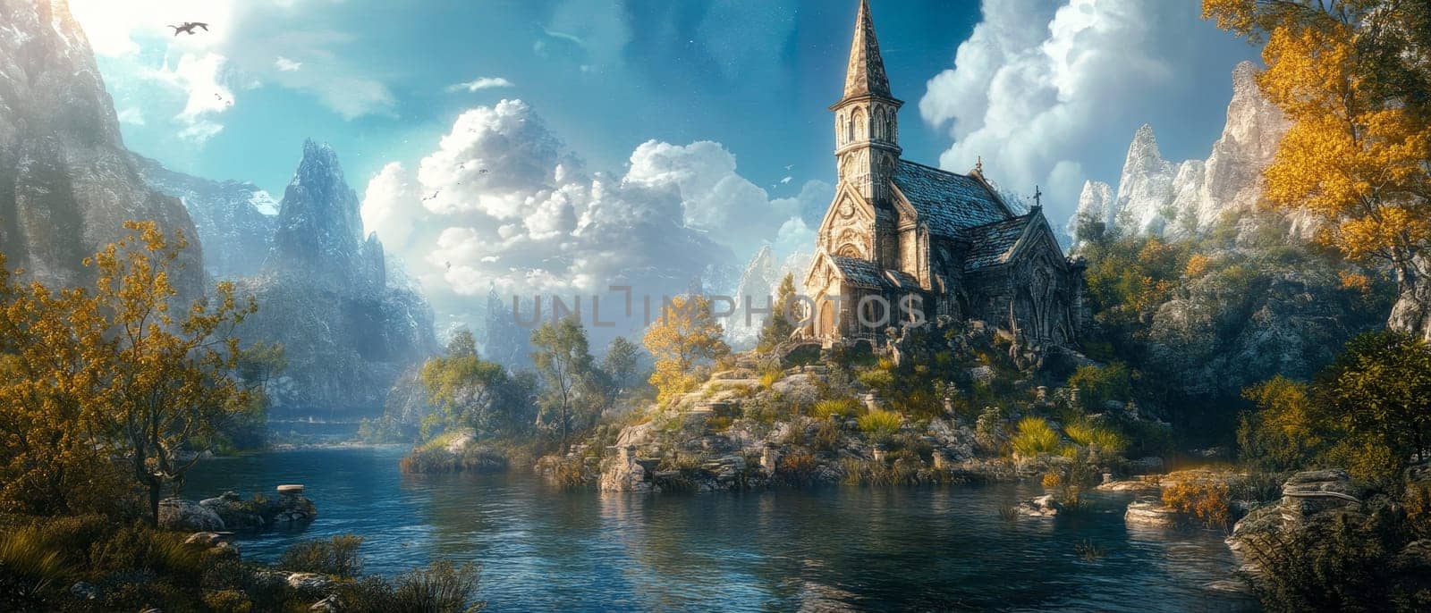 A majestic stone church perched on a rocky outcrop overlooking a serene lake, surrounded by towering mountains and lush autumn foliage in a dreamlike setting.