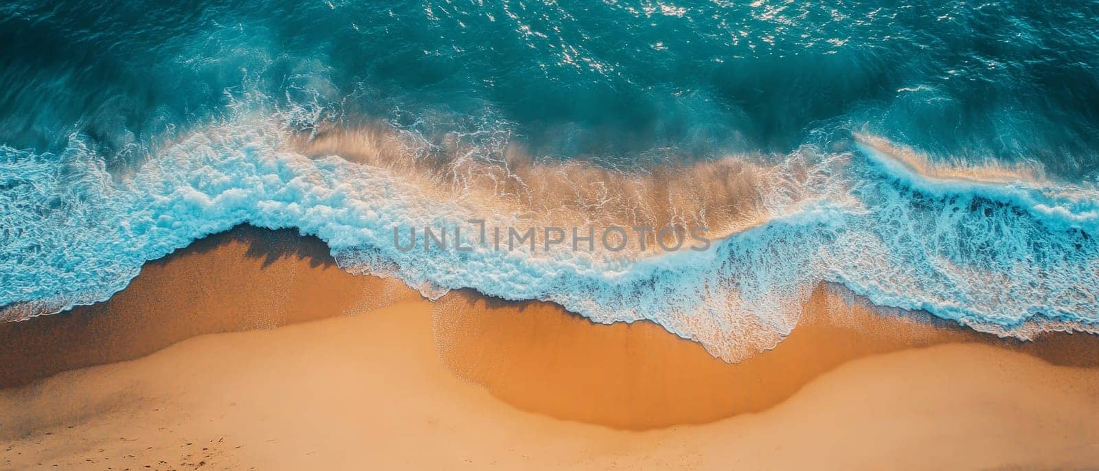 Stunning aerial view of turquoise ocean waves crashing onto a golden sandy beach, showcasing the beauty of coastal landscapes.