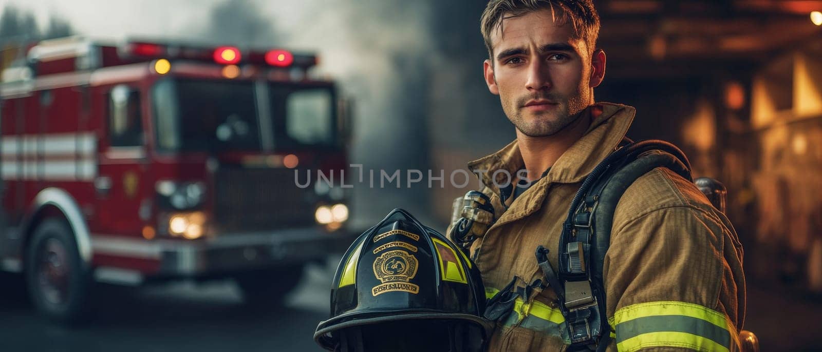 Determined firefighter in full protective gear holding helmet, standing in front of fire truck with flashing lights, ready for emergency response.