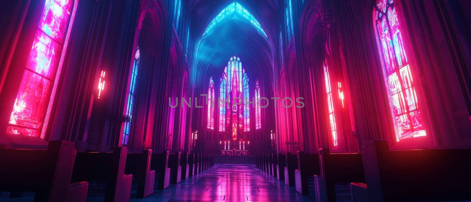 A stunning Gothic cathedral interior bathed in vibrant neon pink and blue lights, creating a surreal and futuristic atmosphere with long aisles and intricate stained glass windows.