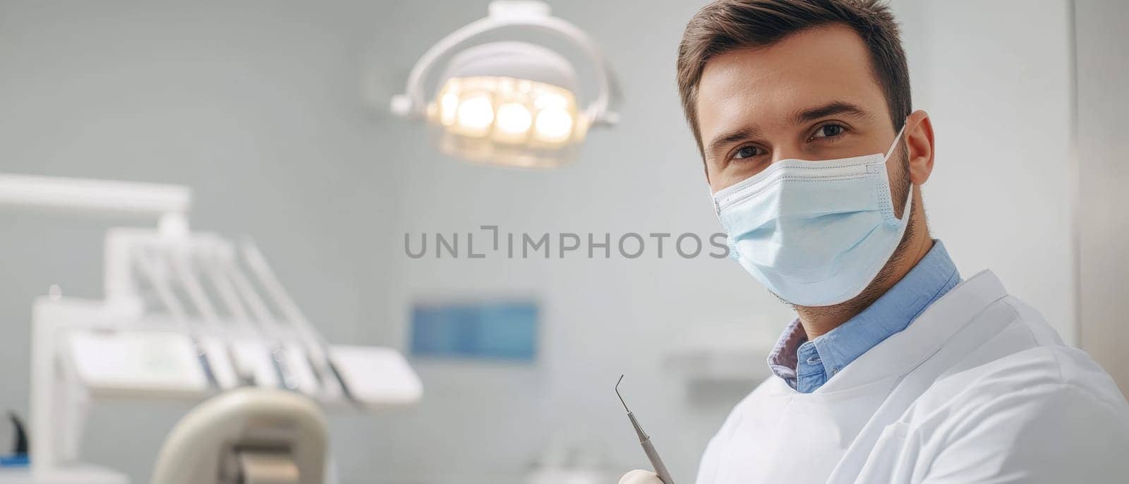 Professional dentist wearing protective mask and coat, holding dental tool in modern, well equipped dental office with chair and lighting in background.