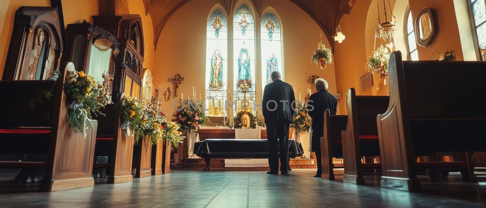 Two people standing at the altar of a beautifully decorated church with stained glass windows, flowers, and warm lighting, creating a solemn atmosphere before a wedding ceremony.