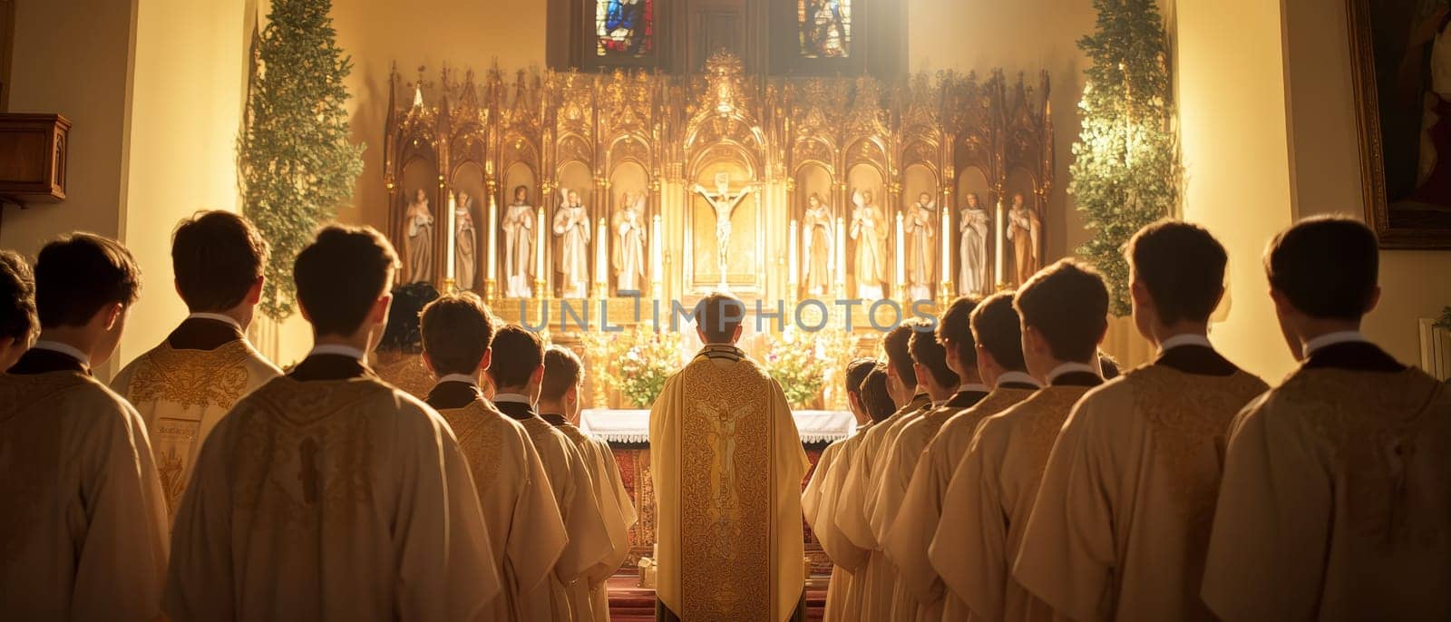 Rear view of priests and altar servers in golden vestments facing ornate altar during a traditional Catholic mass ceremony.