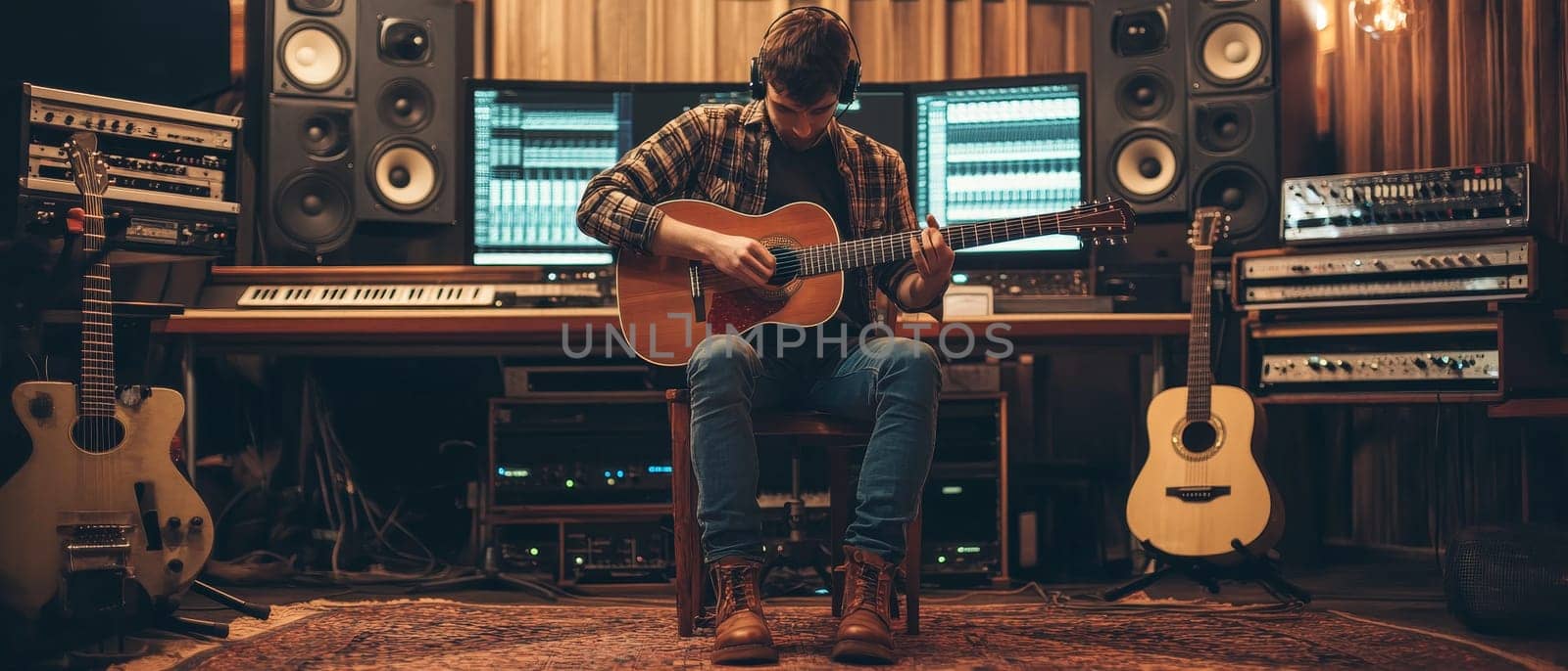 Guitarist playing acoustic guitar in professional home recording studio, surrounded by musical equipment and digital audio workstation screens.