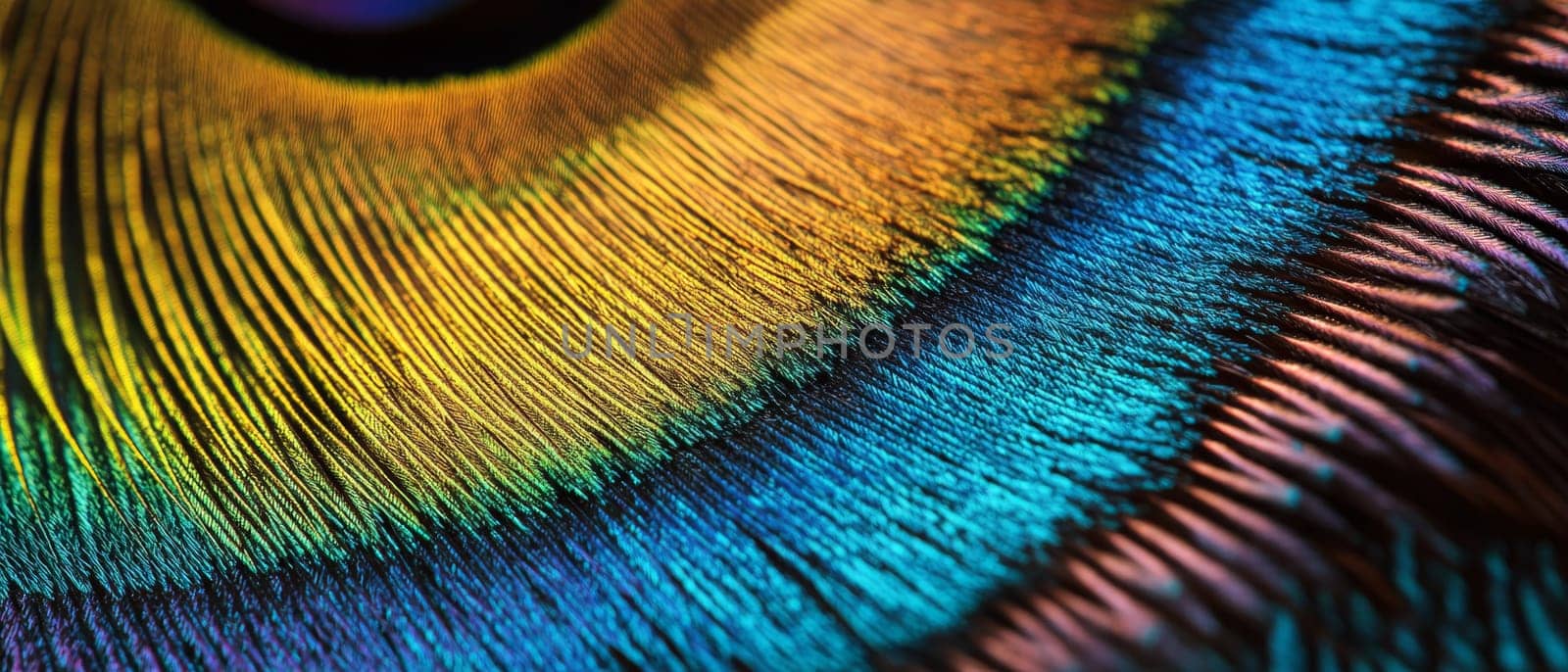 Extreme close up of a peacock feather showcasing vibrant iridescent colors ranging from golden yellow to turquoise blue with intricate patterns and textures.