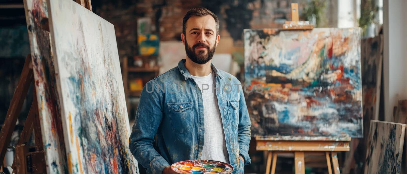 Bearded male artist in denim jacket standing confidently in art studio, surrounded by colorful abstract paintings, holding palette with vibrant colors.