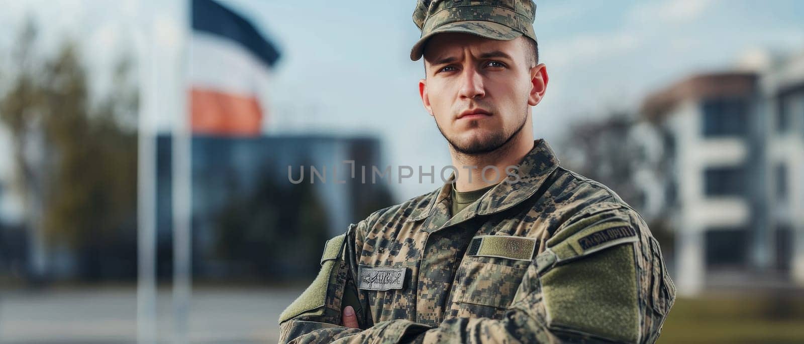Portrait of a determined young soldier in camouflage uniform and cap, standing at attention with a national flag in the background.