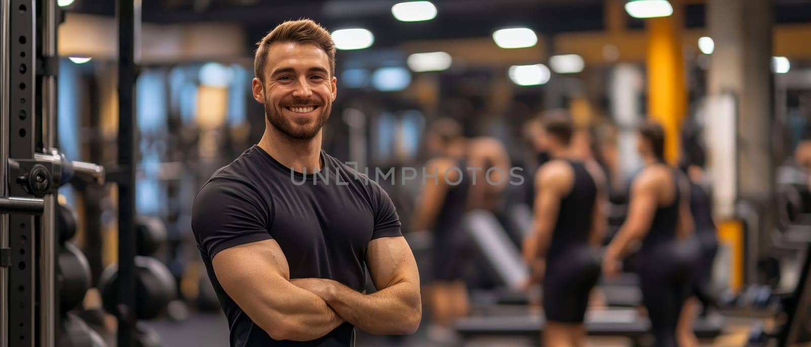 Confident fitness trainer standing with arms crossed in a vibrant gym environment, ready to motivate clients.