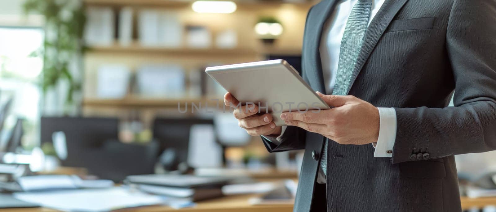 Business professional in a sleek suit using a tablet in a modern office setting filled with documents and technology.