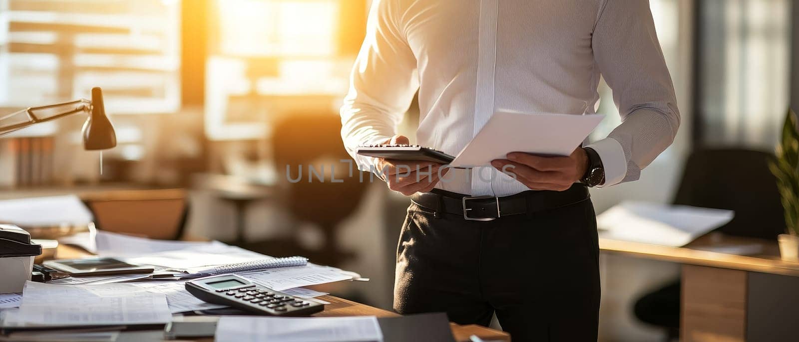 Cropped view of businessman in formal attire reviewing financial documents and using calculator in sunlit office, symbolizing analysis and decision making.