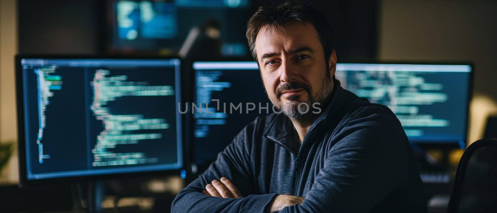 Focused software engineer working late at night, surrounded by multiple computer screens displaying code, in a dimly lit office environment.