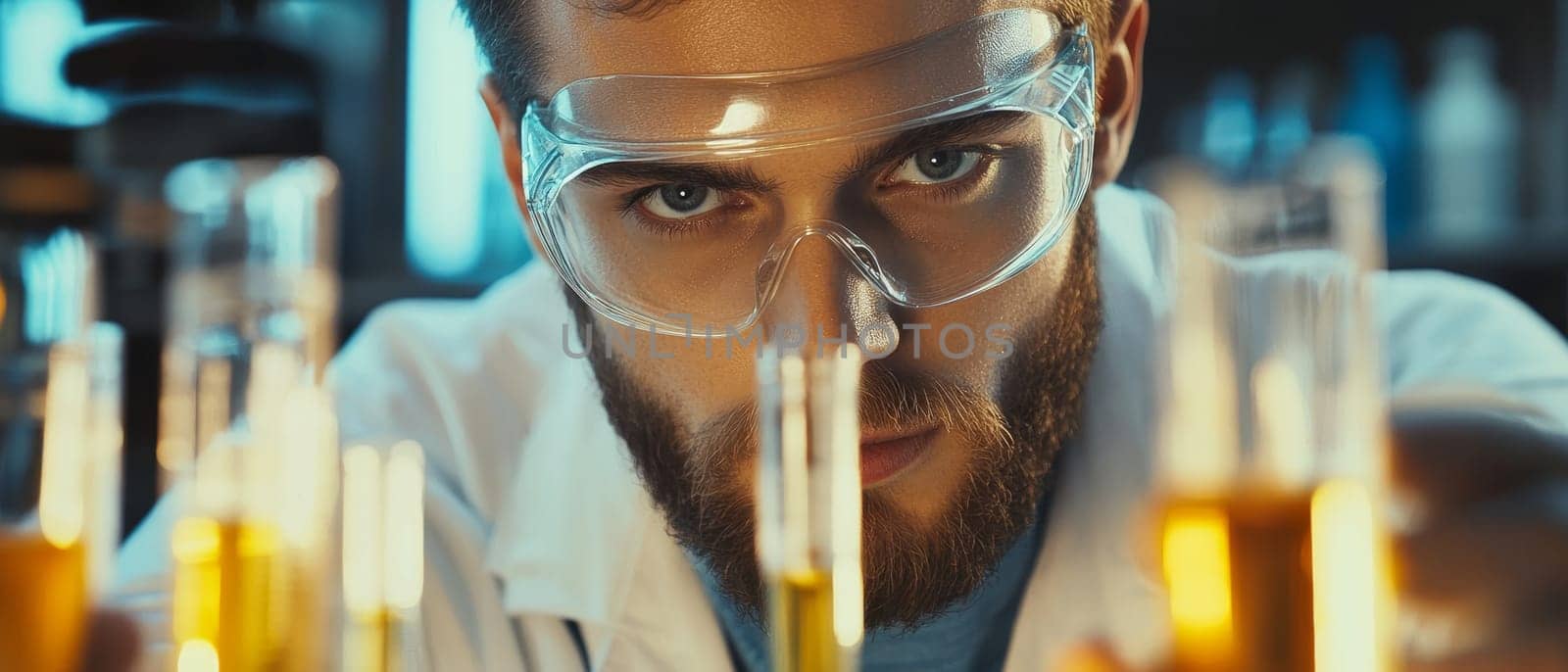 Close up of a bearded scientist wearing protective goggles, intensely examining glowing test tubes in a dimly lit laboratory, showcasing dedication to scientific research.