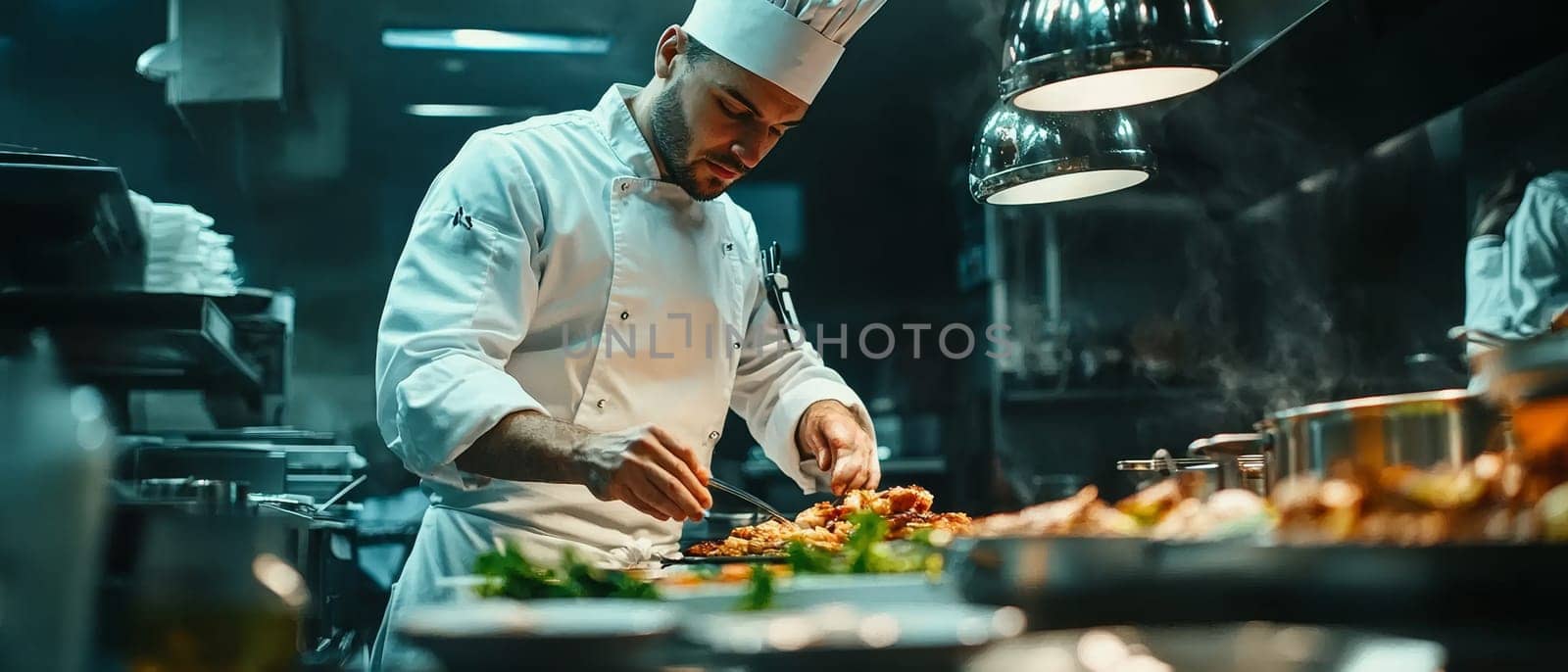 Professional chef skillfully prepares a gourmet dish in a bustling restaurant kitchen under warm lighting.