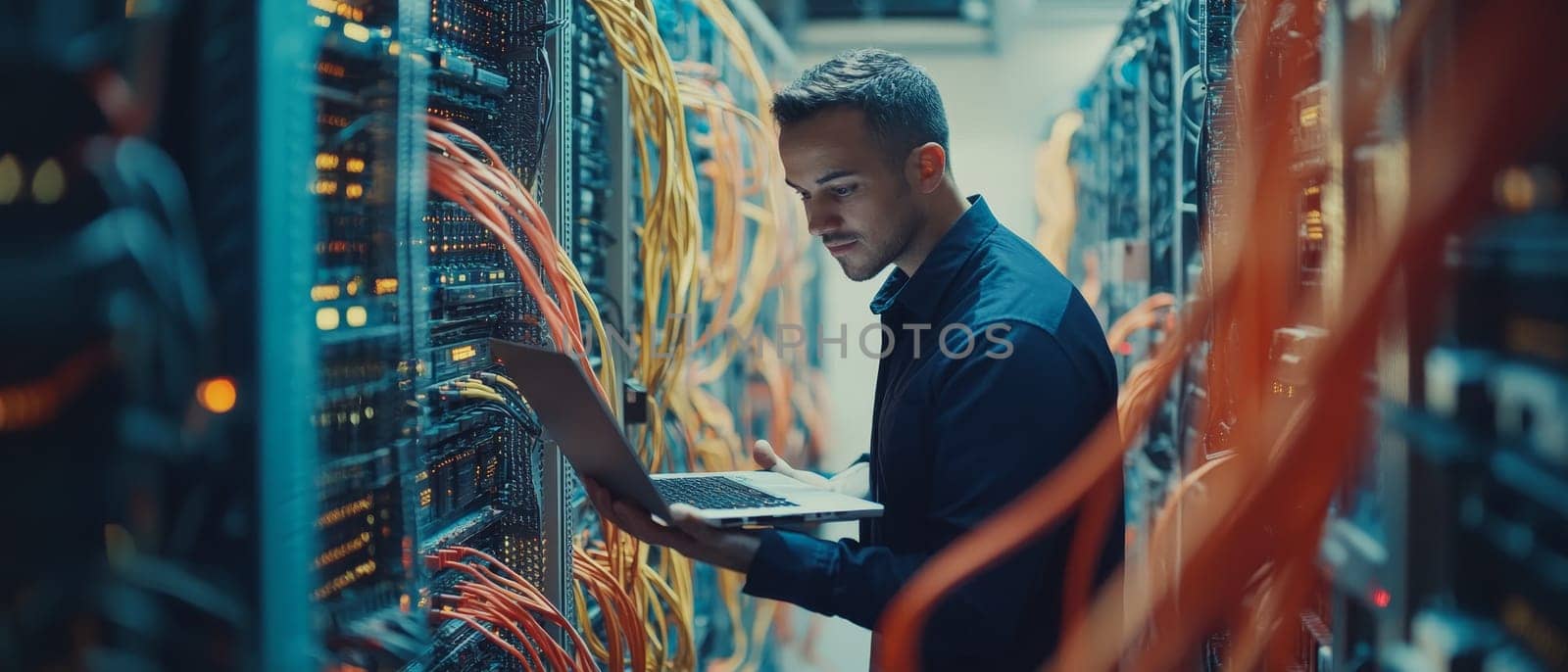 Focused IT technician working with laptop in dimly lit server room, surrounded by network equipment and glowing cables, representing digital infrastructure maintenance.
