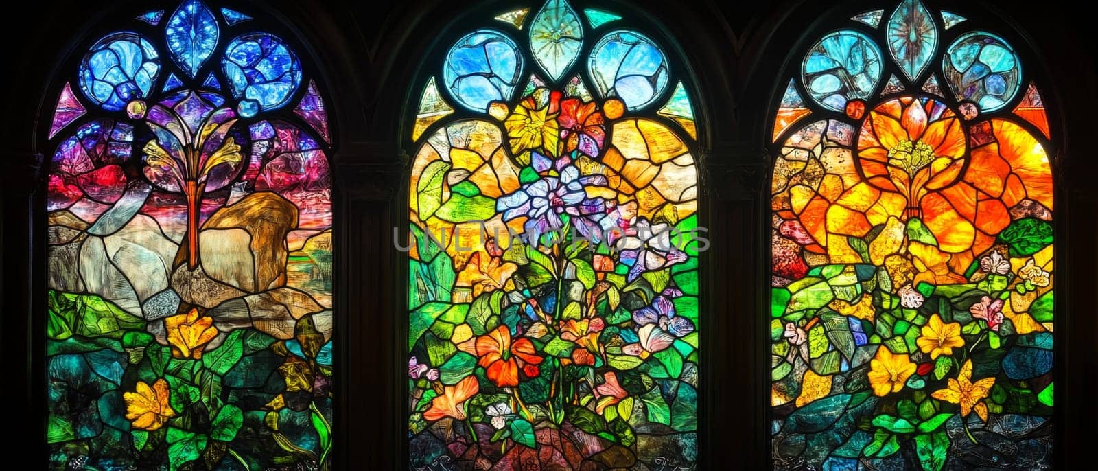 Stunning triptych of ornate stained glass windows featuring colorful floral designs, trees, and nature scenes, showcasing intricate craftsmanship and artistic beauty in sacred architecture.