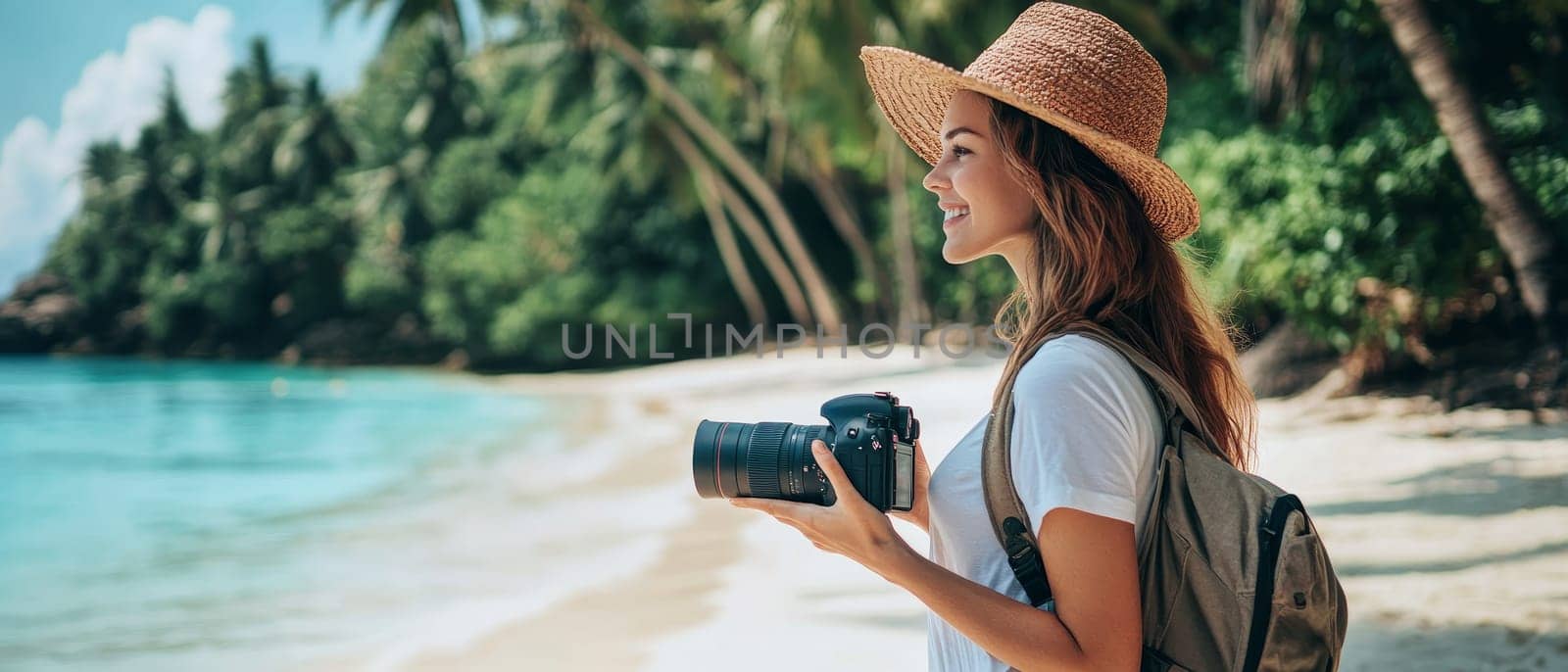 Young woman with camera on a pristine tropical beach, surrounded by turquoise waters and lush palm trees, embodying the essence of travel blogging and wanderlust.