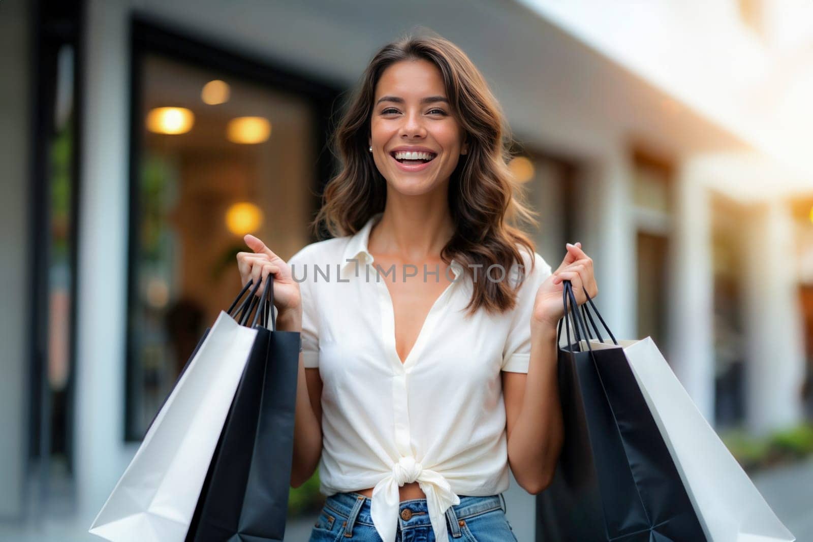 Happy young woman holding shopping bags in an outdoor shopping area, representing joy, leisure, and lifestyle. Perfect for themes related to shopping, retail, and consumer happiness
