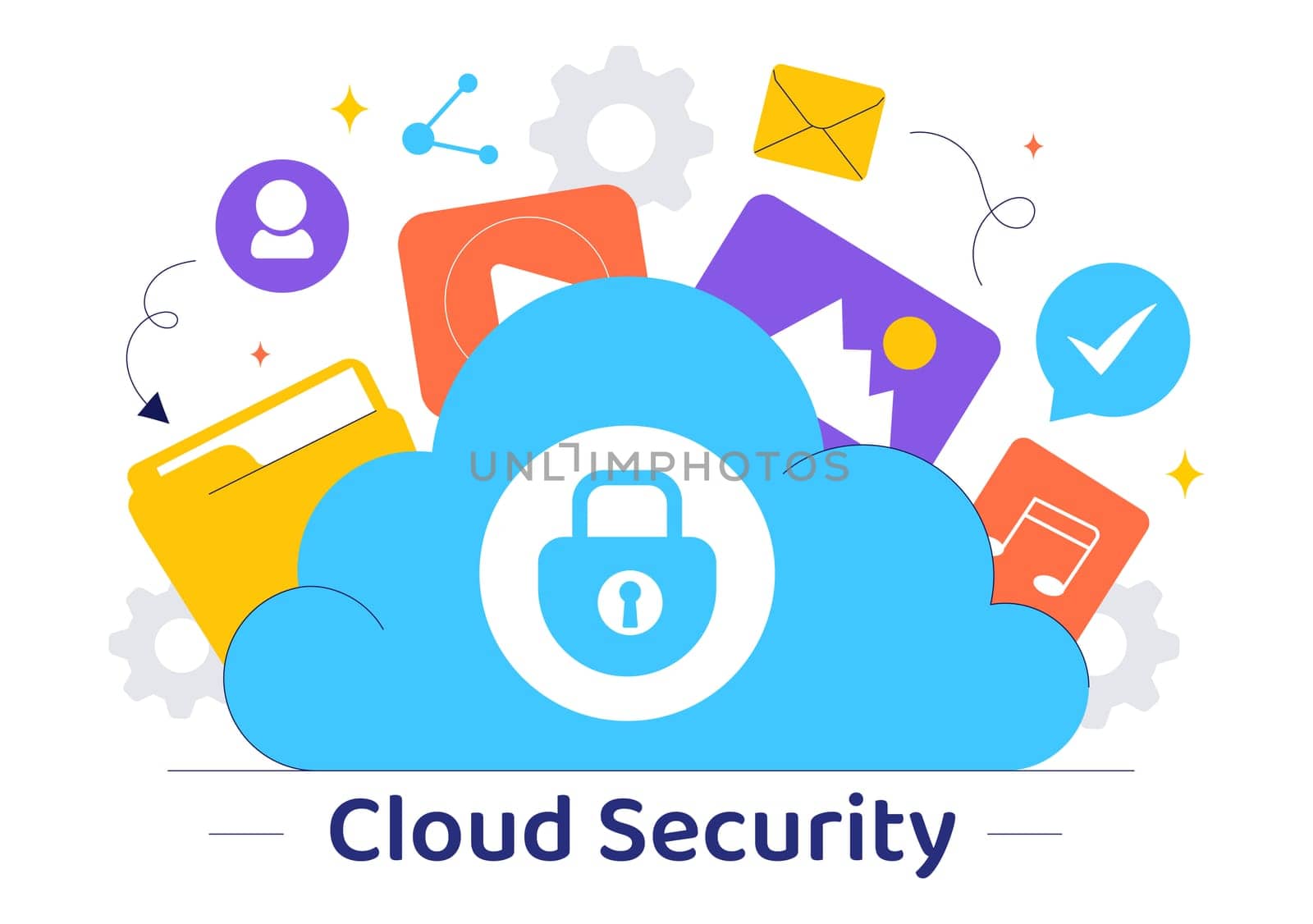 Digital Cloud Security Vector Illustration of Safety and Data Protection for Network, Internet, Hosting, and Backup Servers in a Technological